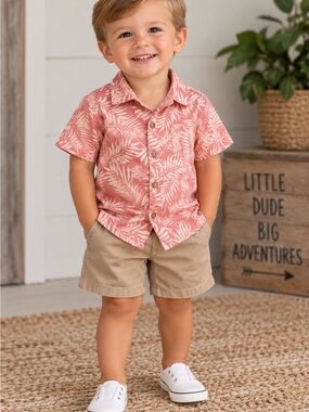 NWT Toddler Leaf Print Button-Up Shirt & Khaki Shorts Set